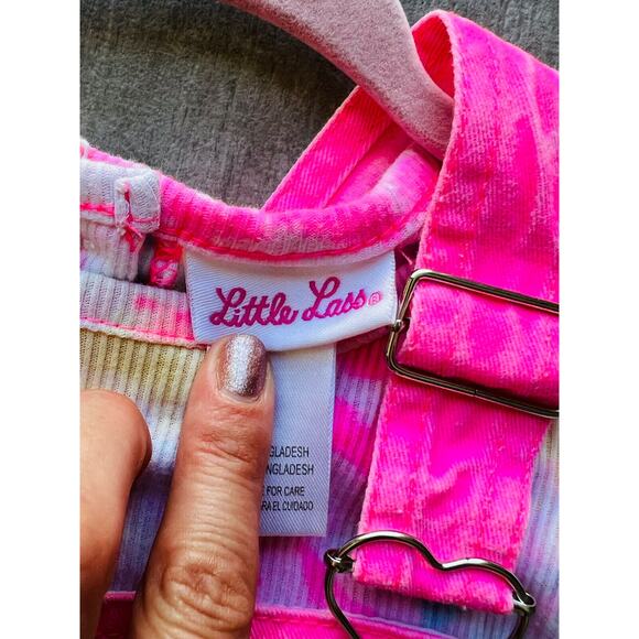 LITTLE LASS Girls 2 Piece Outfit Set Overalls Shortalls Neon Pink Tie Dye LOVE 5 - Picture 5 of 7